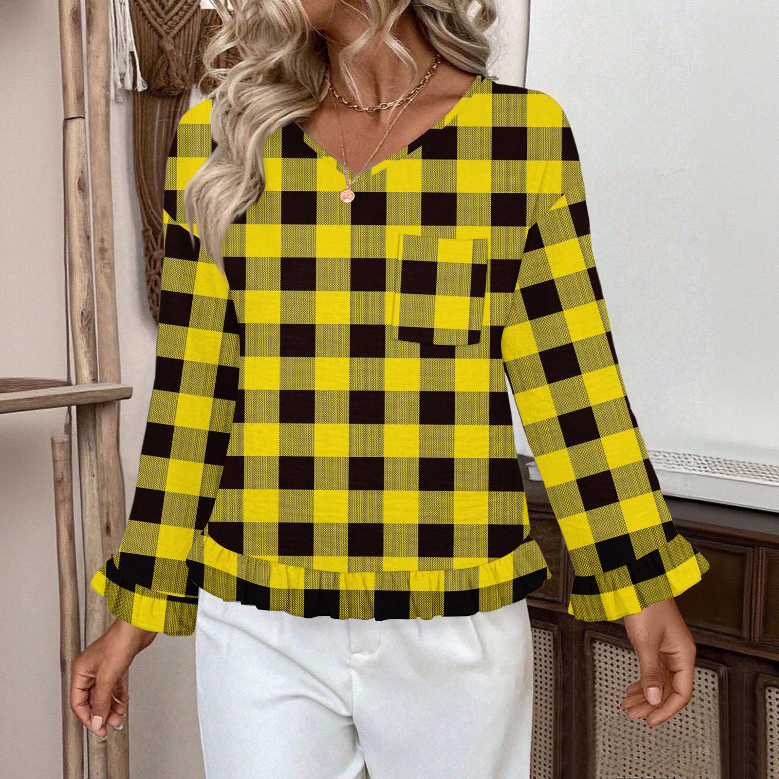 

Женский повседневный модный топ с оборками, V-образным вырезом, карманом и клетчатым принтом, с длинным рукавом XL жёлтый