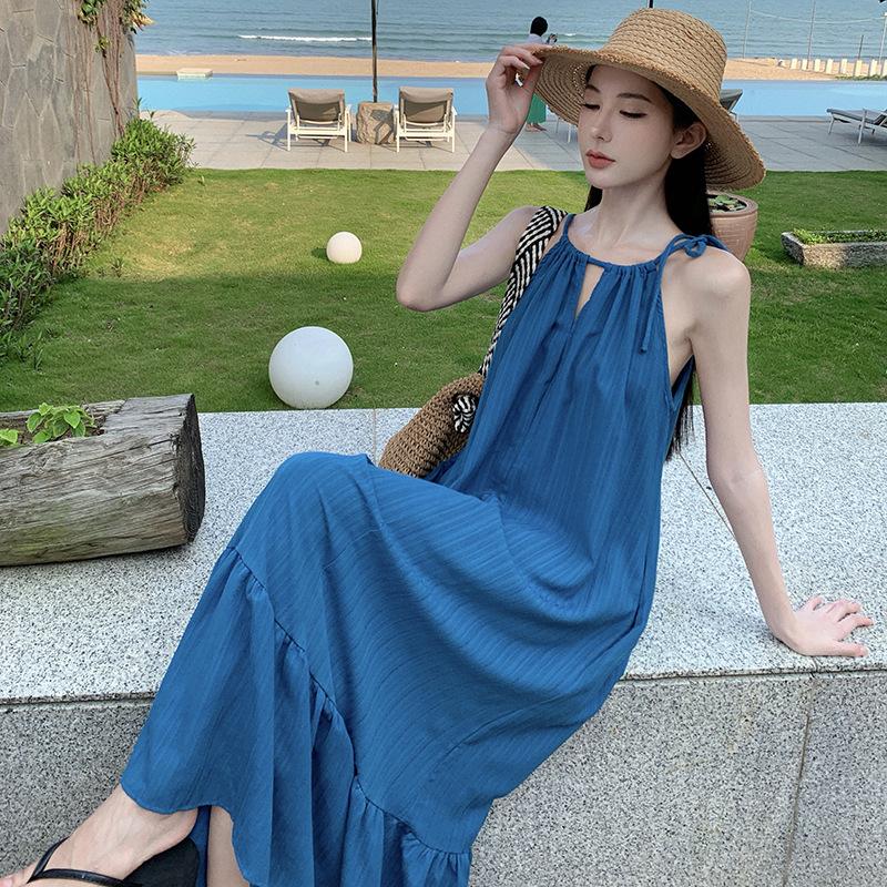 Holiday retro blue white suspender dress holiday wind beach dress suspender dress long dress