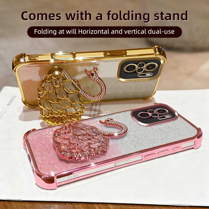 KEYSION Shockproof Plating TPU Phone Case for Redmi Note 10 10S 10 Pro 4G Glitter Jewelled Swan kickstand Back Cover for Xiaomi POCO M5S