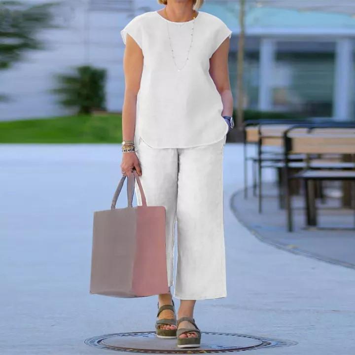 Women S Summer Casual Set Sleeveless Round Neck Top And Wide Leg Pants In Various Colors S белый