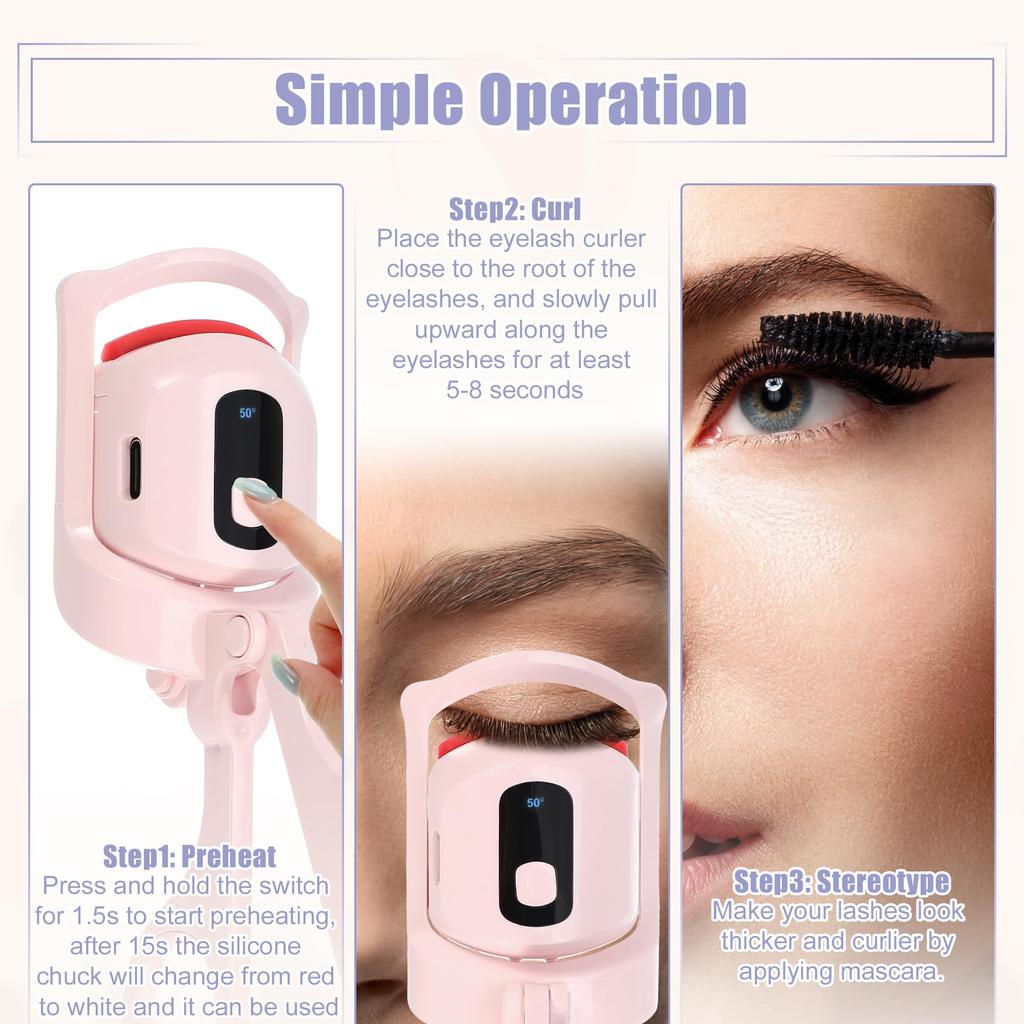 VOCOSTE Heated Eyelash 3 Heating Rechargeable Eyelash Curler with Digital Electric Eyelash Curler that Lifts and Curls Pink Curler, Modes, Display,