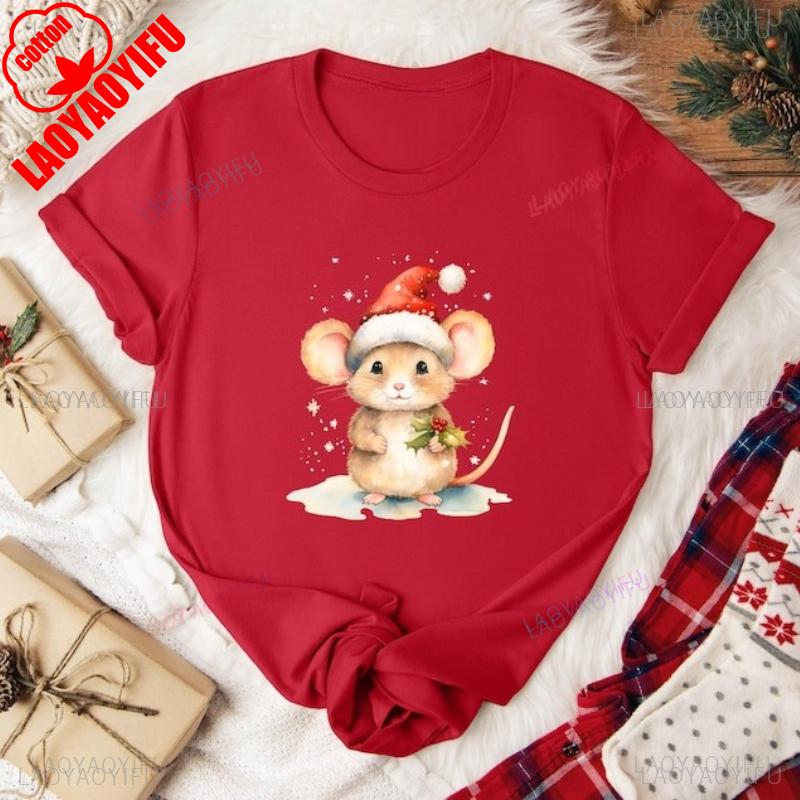Christmas Cartoons Mouse Santa Hat Allmatch Tshirt Holiday Unisex High Quality Crewneck Casual Style Printed Tshirt Tops