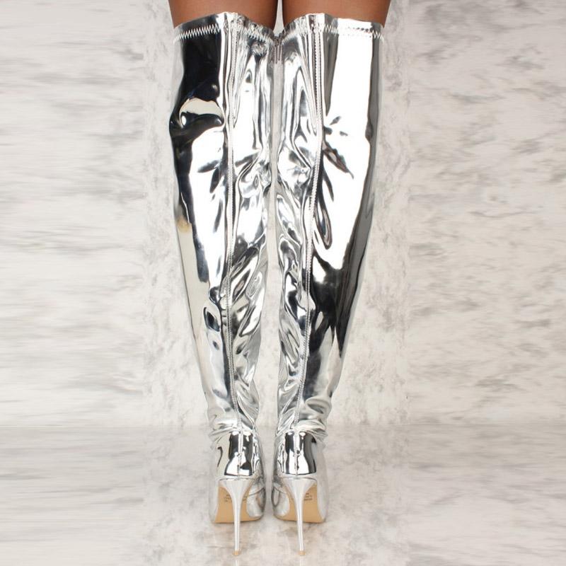 Fashion Women Boots Mirror Platform Pointy Toe Punk High Thin Heels Over The Knee Long Boots Autumn Winter Zip Silver Casual Party Shoes