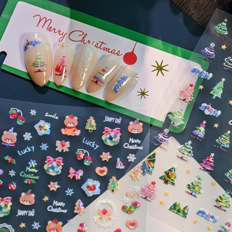 5D Laser Relief Weihnachts-Nagelsticker Schneeflocken Weihnachtsmann Elch Weihnachtsbaum Nagelaufkleber Geprägt Winter Weihnachten Maniküre Set