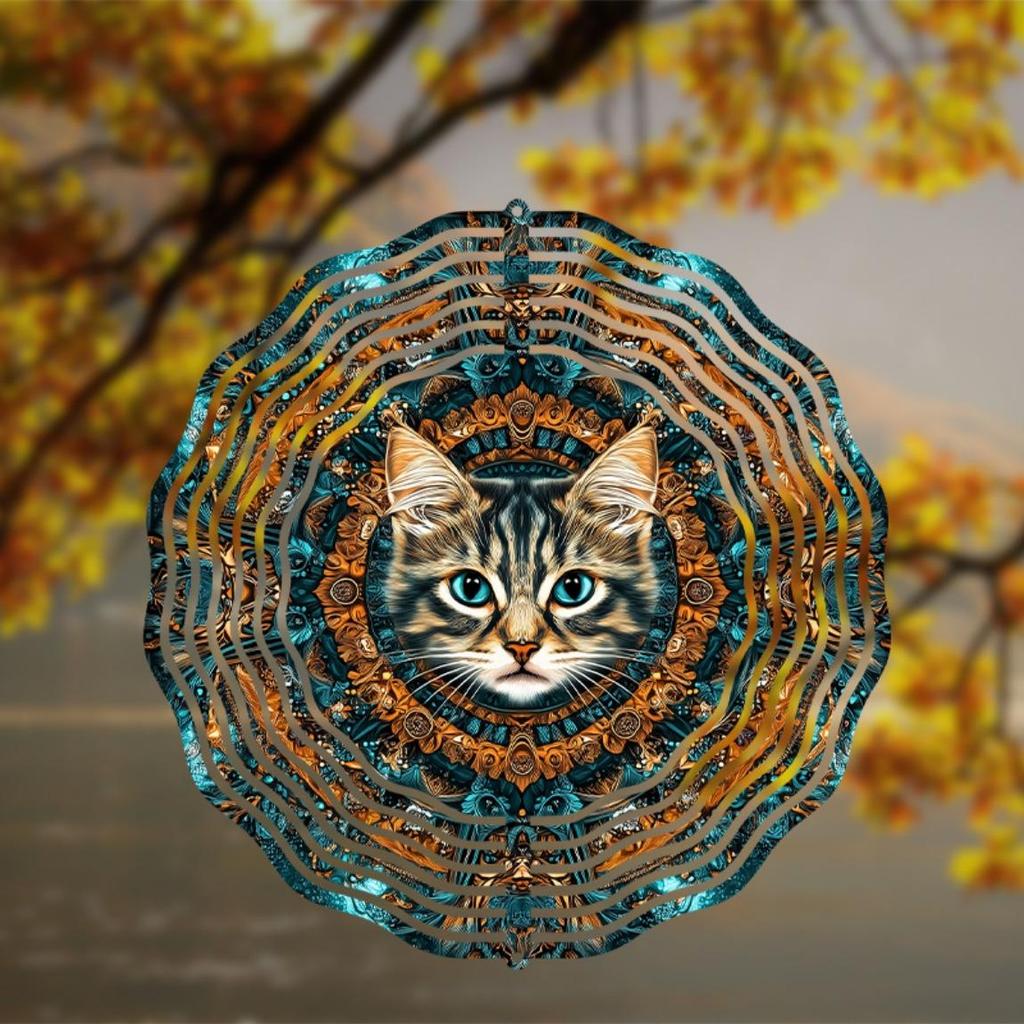 10 Inch Cat Wind Chime Outdoor Garden Decor with 360 Degree Hook Vibrant Blue Gold Design for All Seasons Home Yard Hanging