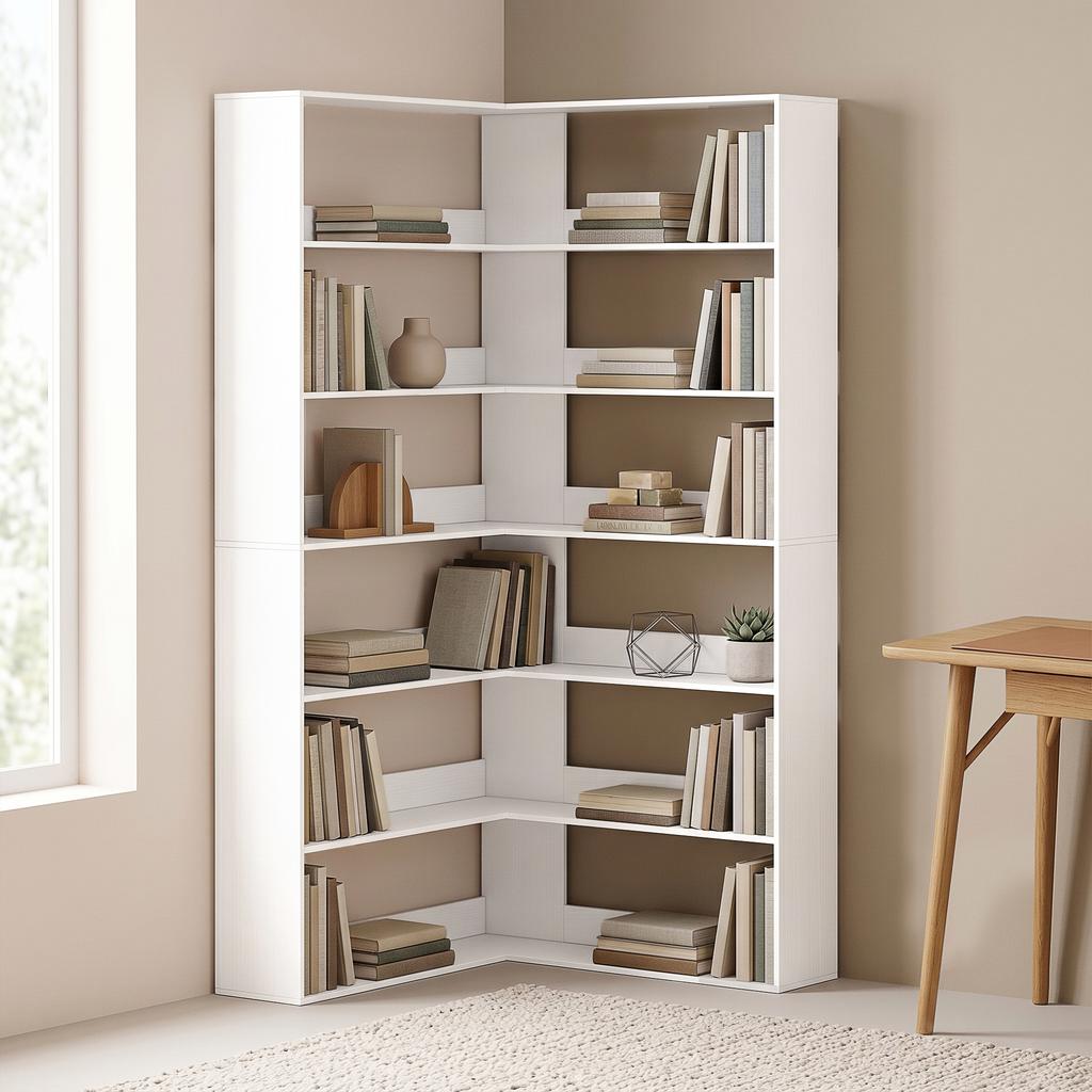 7 Tiers Bookshelf, L-Shaped Corner Bookcase with Anti-Slip Rear Guard, White Wood Effect