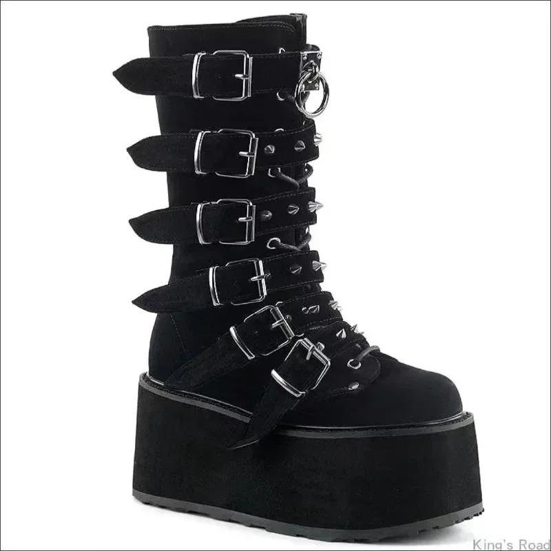 Fashion Gothic Street Cool Woman Boots Wedges Buckles Big Size 43 Glittered Black Chunky Platform Motorcycles Boots Women
