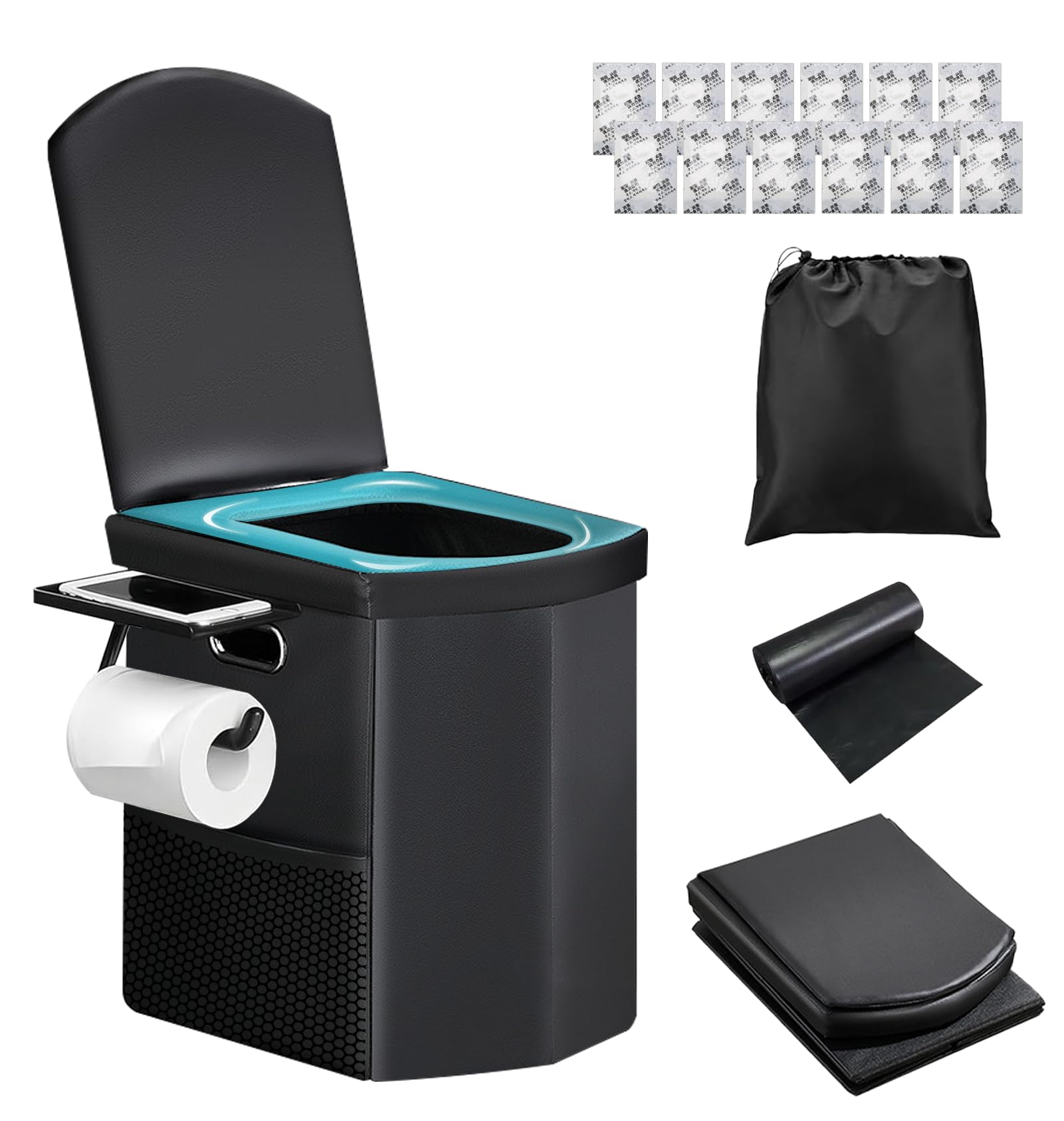 

Портативный складной аварийный туалет для чрезвычайных ситуаций, сиденье 42 см, ПУ, портативный аварийный туалет с грузоподъемностью 150 кг для автомобиля и ухода, включает чёрный