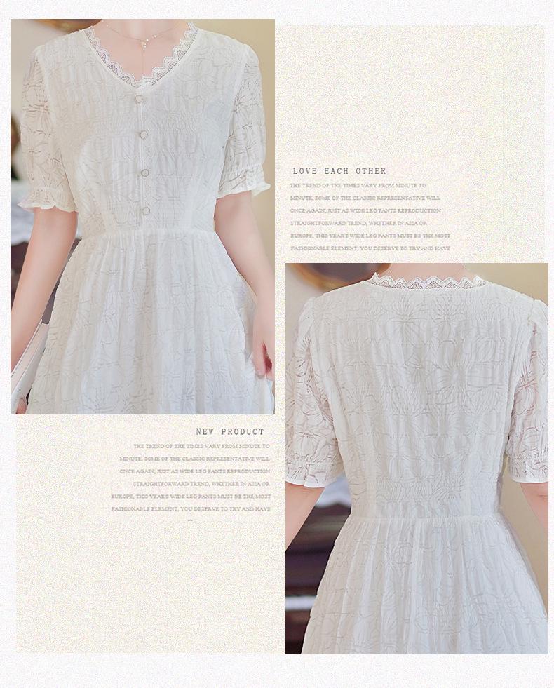 2024 Summer White Slim V-Neck Fairy Lace Dress – Mid-Length, Flattering Fit