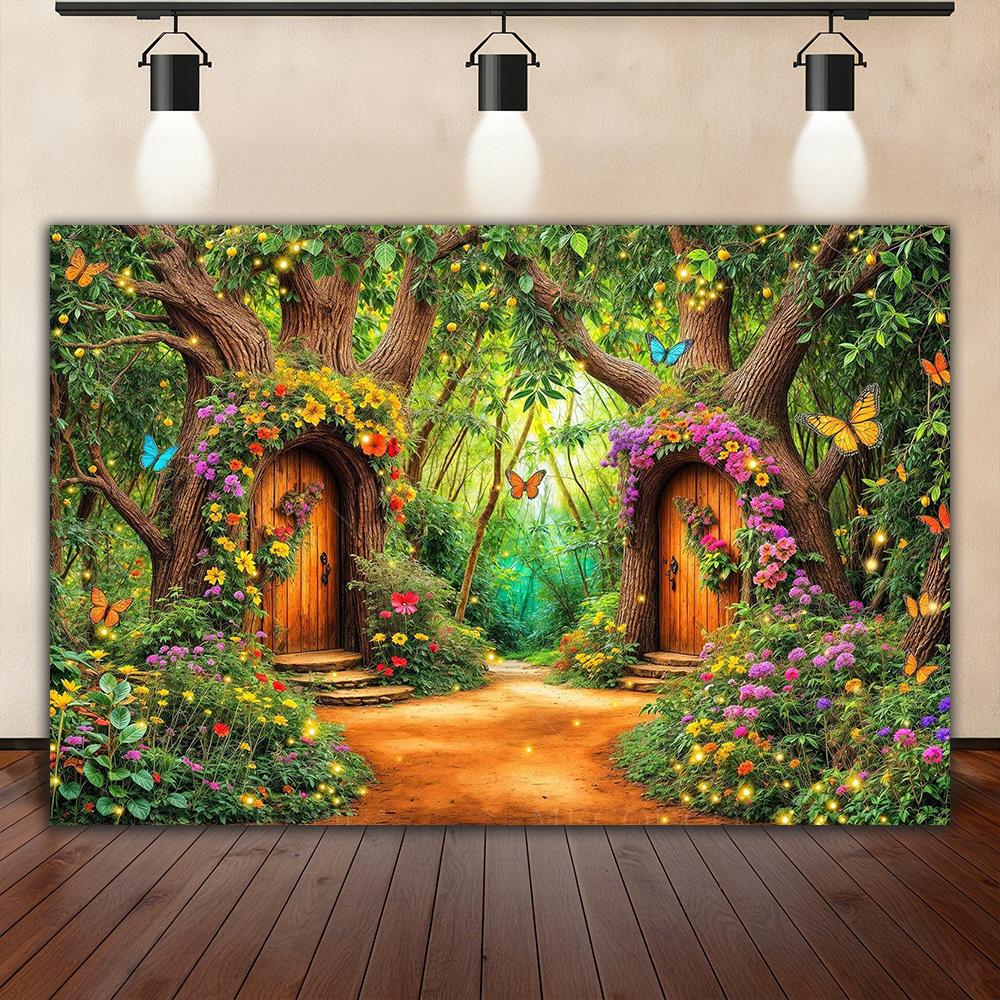 Dreamy Fairy Tale Forest Background, Natural Jungle Forest Wonderland Magic House, Children Birthday Party Photography Backdrop