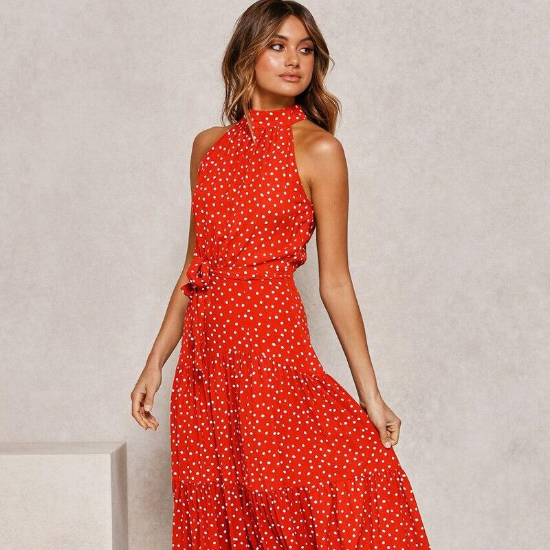 Sexy Neck-mounted Dot Beach Dress For Holiday Summer Casual Sleeveless Floral Printed Long Dress Women Fashion Robe Femme 25765