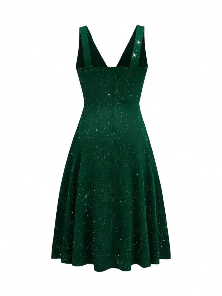 Abito Elegante da Donna Taglie Forti con Scollo a V, Glitter e Pieghe - Primavera/Autunno 2026