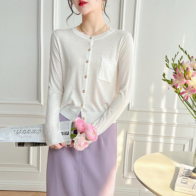 Ultra-fine merino cotton wool blended knitted cardigan women's round neck basic long-sleeved versatile loose and thin top