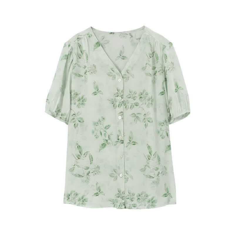 SOFSIL 100% Mulberry Silk Printed Short-Sleeve V-Neck Shirt