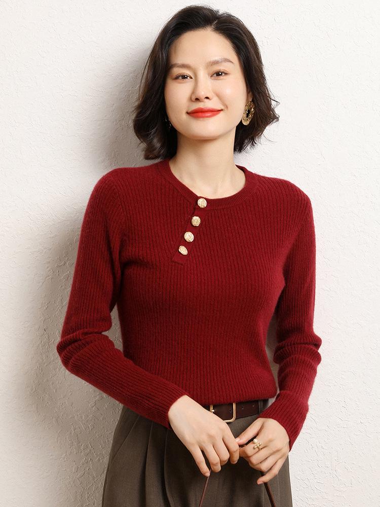 Women's Slim Fit Cashmere Sweater - Round Neck Ribbed with Diagonal Buttons, Elegant Knitwear for Autumn and Winter