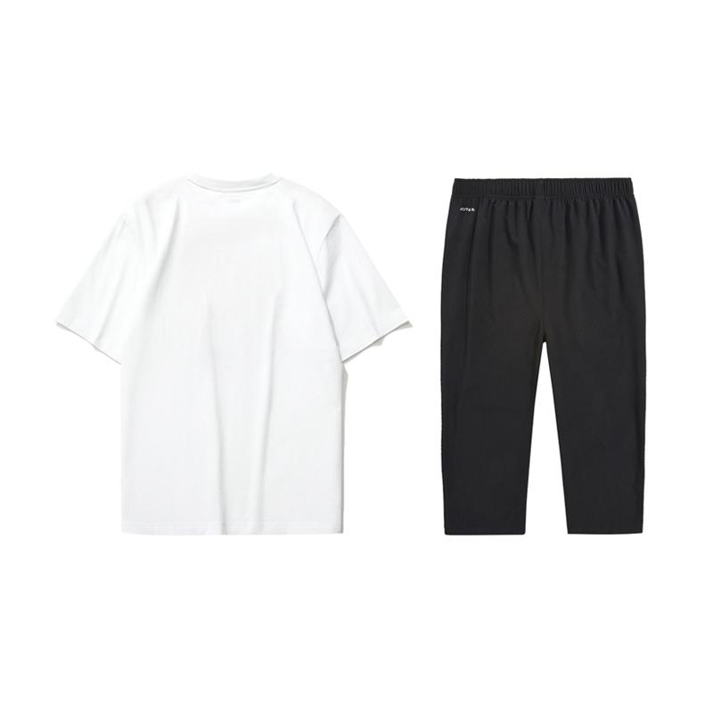 Li Ning Logo Print Letter Round Neck Loose Short Sleeve T-Shirt Straight Cut Three-Quarter Casual Sports Set Men Tops AHSUA05-1+AKQU429-1