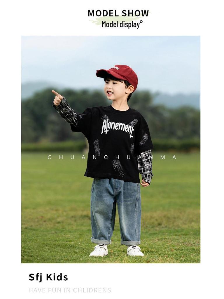 Nausicaa Spring 2025 Plaid Faux Two-Piece Letter T-Shirt for Boys – Trendy Korean Style