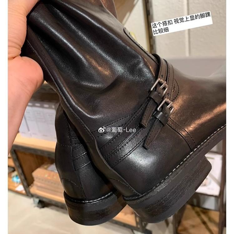 New spot grape mother of the same style, vegetable tanned cowhide~ double buckle with round head but knee side zipper thick heel knight boots