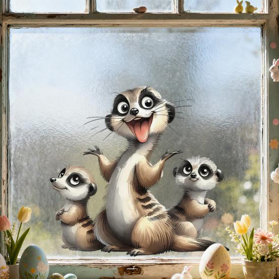 Adesivos Estáticos para Janela Animais Engraçados em Desenho Animado Decalque de Janela Reutilizável Adesivo Impermeável Removível para Quarto Escritório Casa Portas de Vidro Decoração de Janela