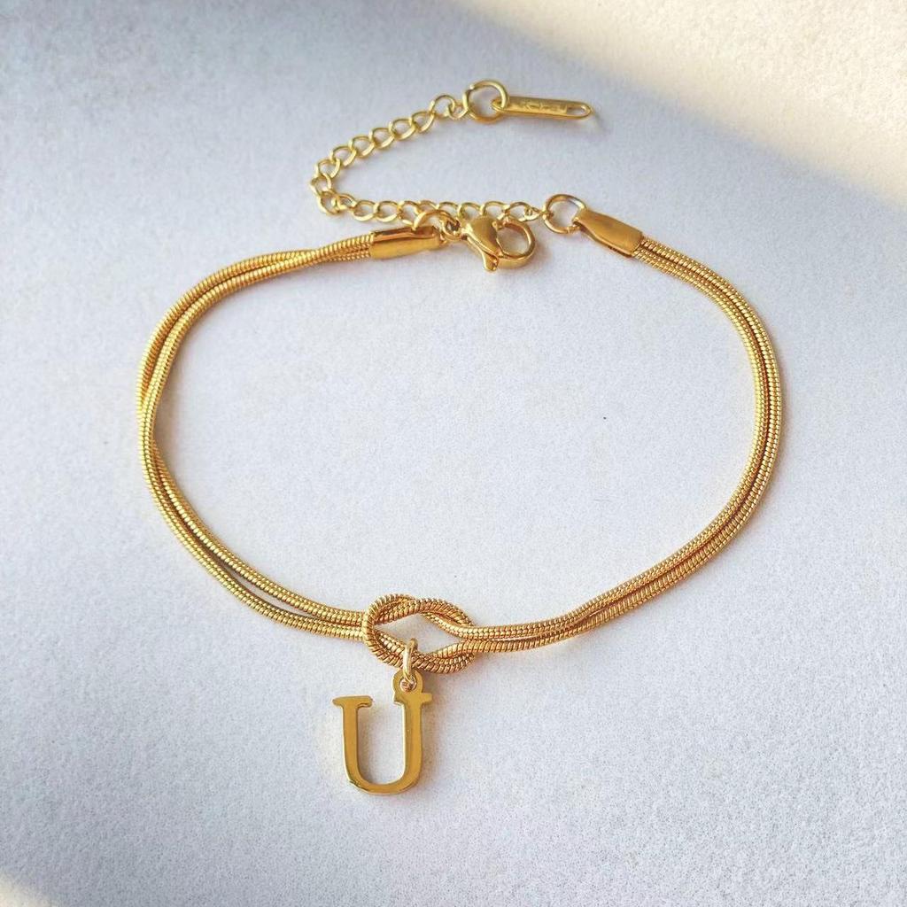Valentine's Day Stainless Steel Herringbone & Snake Chain Bracelet with 26 Letters Pendant