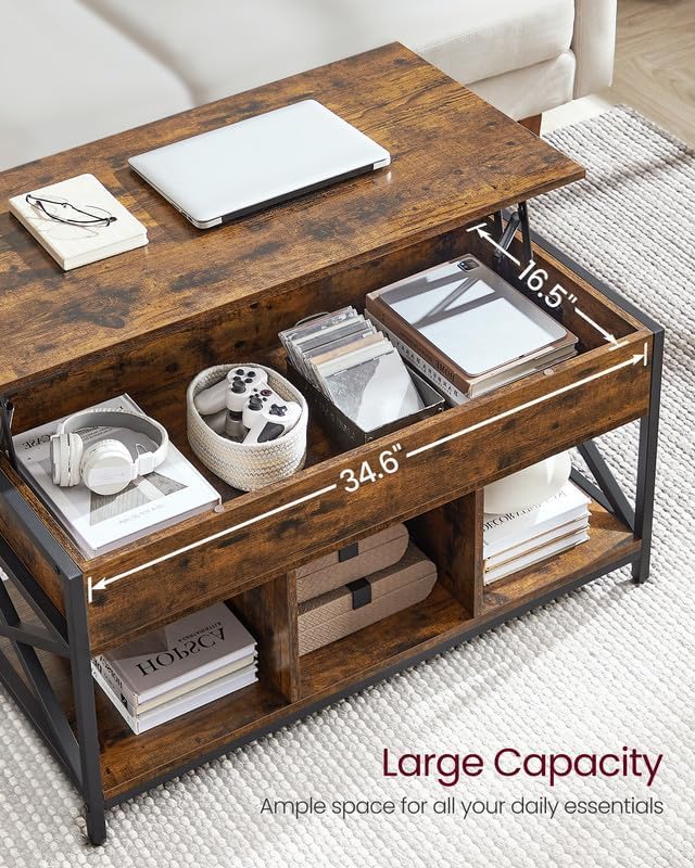 VASAGLE Lift Top Coffee Table, Lift Coffee Table with Storage Shelf, Hidden Compartments and Lifting Top, for Living Room, Office