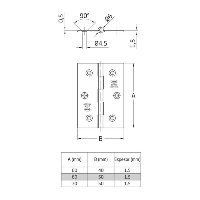AMIG | Charnière 2002 | 60 x 50 x 1,5 mm | Acier inoxydable AISI 304 | Mat