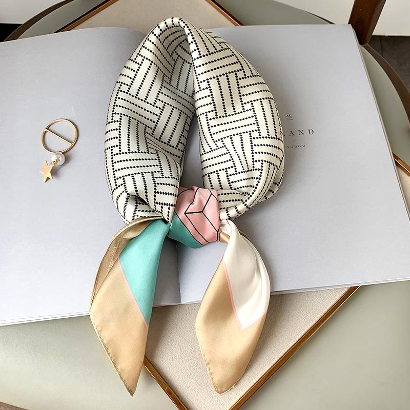 New Summer Korean Version Color-blocking Emulated Silk Small Square Scarf for Women's Seaside Sun Protection Scarf Fashionable Scarf Big Shawl