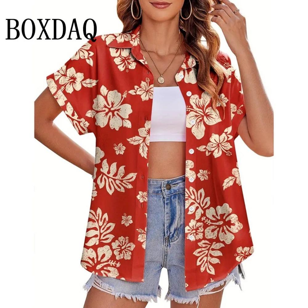 Summer Blouses Vintage Floral Print Short Sleeve Shirts For Women Casual Beach Hawaiian Vacation Lapel Shirt For Women Clothing