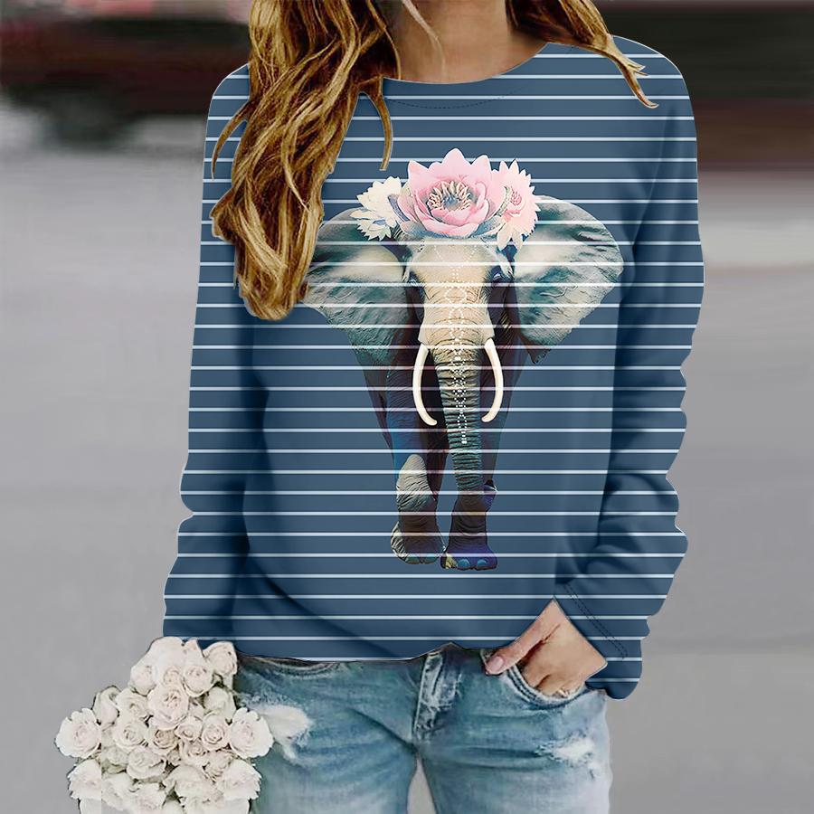 Tops For Women Elephant Flower Print Round Neck Long Sleeve T-shirt Fall Casual Slim Pullover Women's Long Sleeve Top