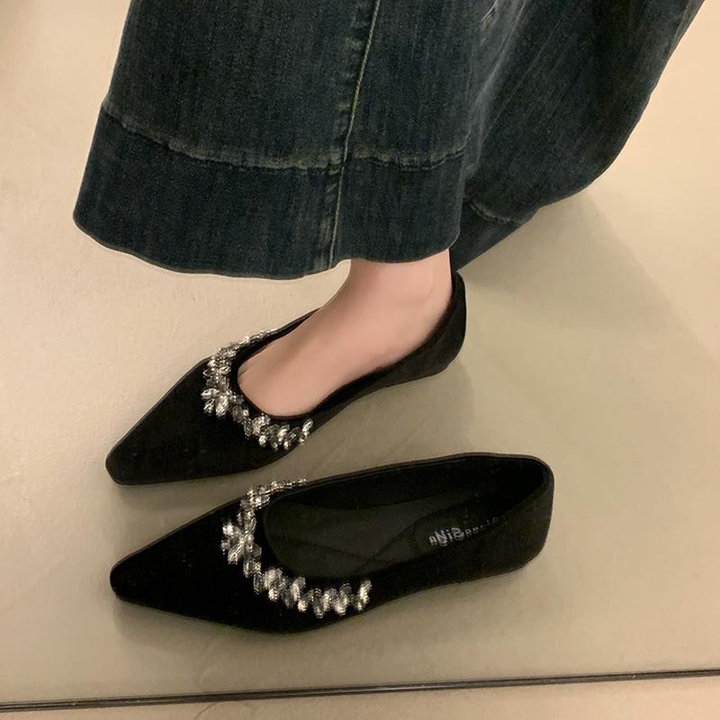 

Весна 2025 года, новые французские свадебные туфли со стразами на плоской подошве, женские туфли с острым носком и одной педалью, повседневные туфли с неглубоким горлом 40 чёрный