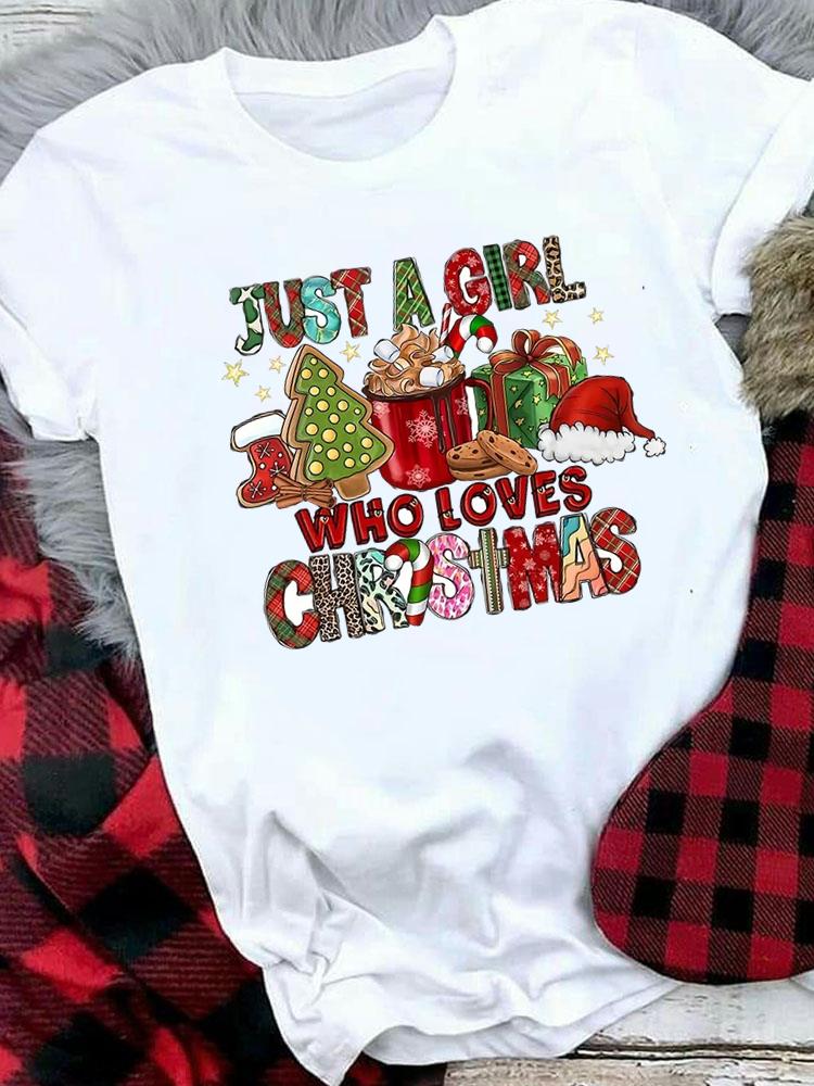 (Asian Size) Women Holiday Print Tee Top festival Merry Christmas New Year letter sweet 90s Casual  Lady Short Sleeve Fashion Graphic T-shirts