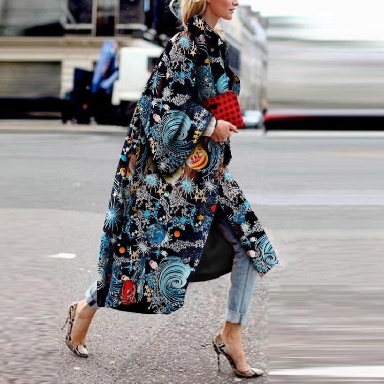 Women Fashion Printed Trench Coat Long Outerwear Cardigan Pocket Jacket Overcoat