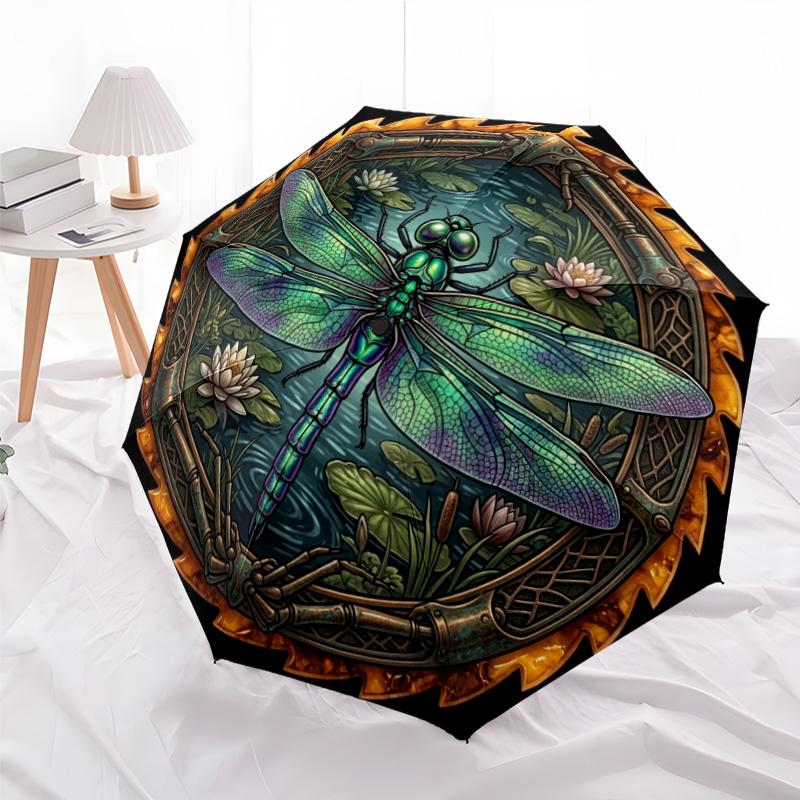 Dragonfly Pond Emblem pattern umbrella, portable and foldable design, 8 ribs, a casual accessory for Halloween, Christmas, and birthday gifts.