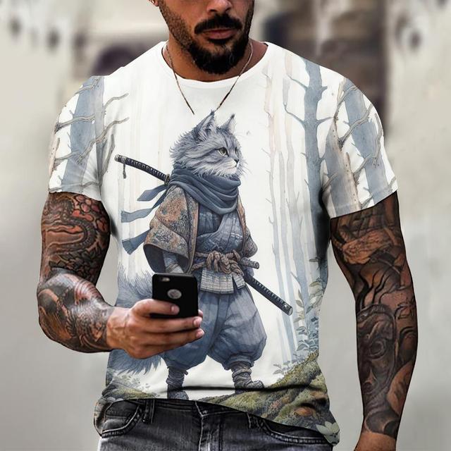 Animal T-Shirts For Men Summer Short Sleeve Tee Japanese Samurai Pattern Print Oversized Clothing Fashion Casual Streetwear