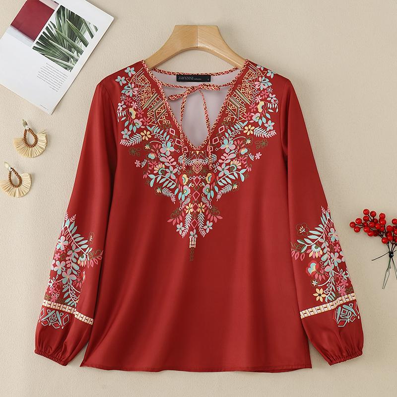 

ZANZEA Женская повседневная блузка с V-образным вырезом и длинным рукавом, свободная с принтом 3XL