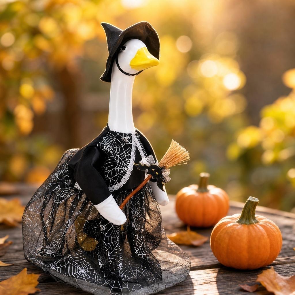 Mini Desktop Goose Set with Witch Costume Web Print Dress Hat and Broom for Decorative Display or Seasonal Tabletop Use