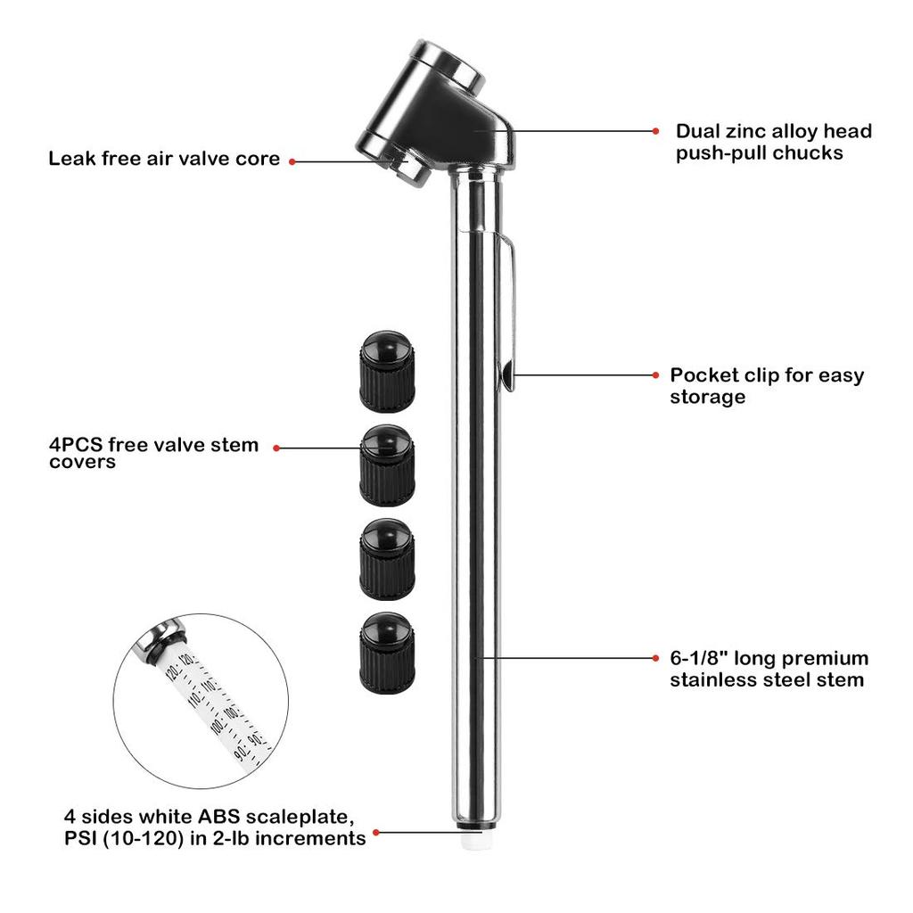 CZC AUTO Pencil Tire Pressure Gauge, Dual Head Trucks Air Gage, Accurate Mechanical Dually Chuck Wheel Service Checker, Stainless Steel Stem For Car