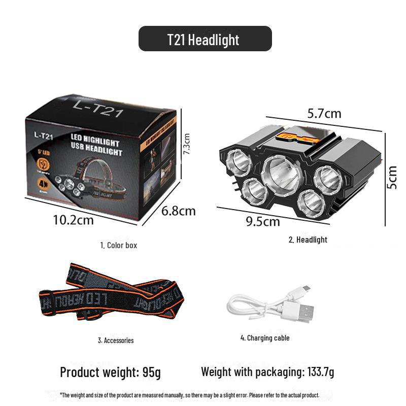 

Перезаряжаемый водонепроницаемый налобный фонарь на 5 светодиодов: Супер яркий, портативный для наружного освещения и рыбалки