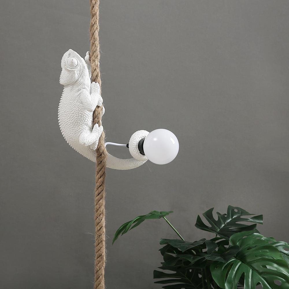 Resin White color chameleon Pendant Light For Living Room Hemp Rope Pendant Lamp Art Study Room Led lizard Animal Light Fixtures