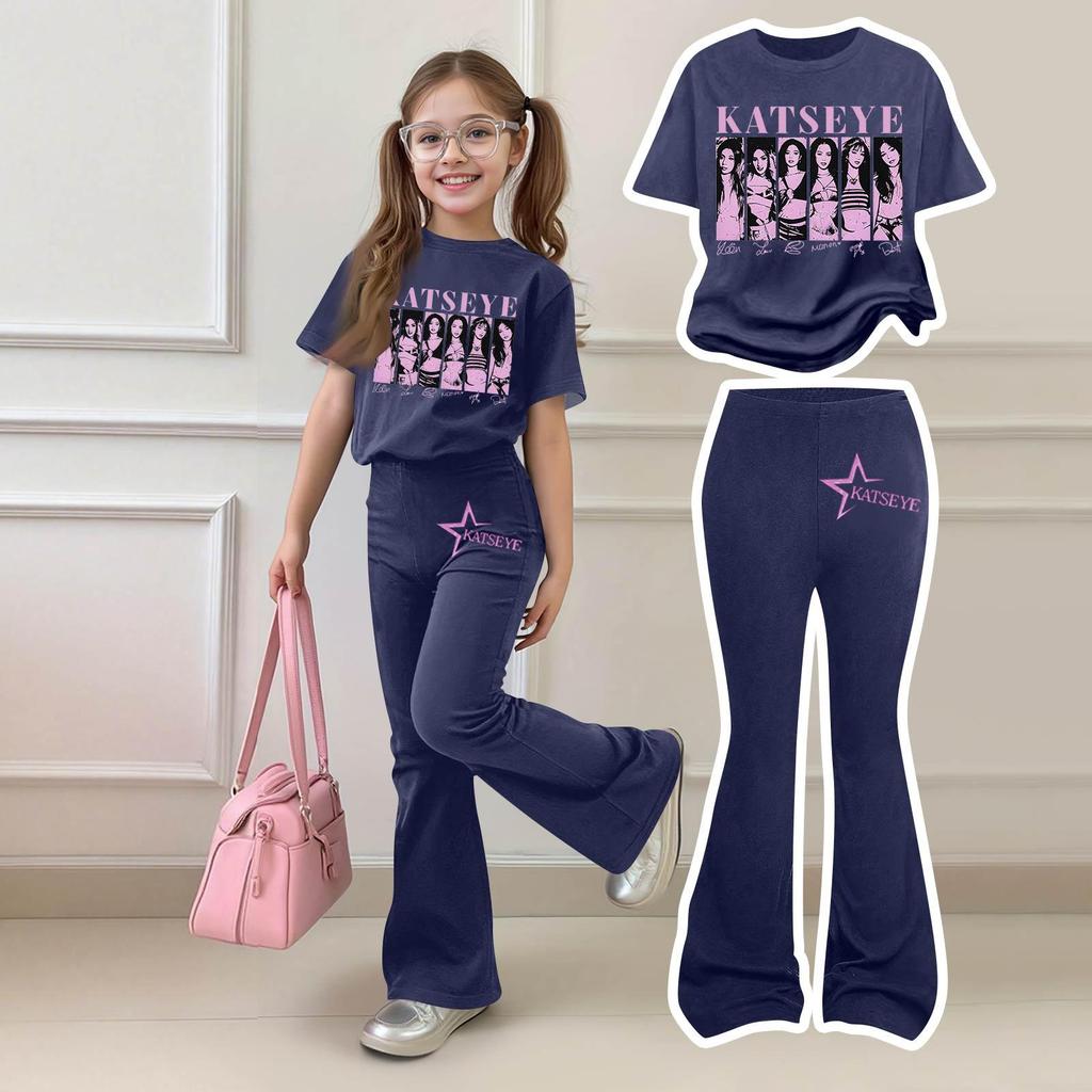 Kids Girls Casual Short Sleeve Printed Outfit Set for Play and Daily Wear