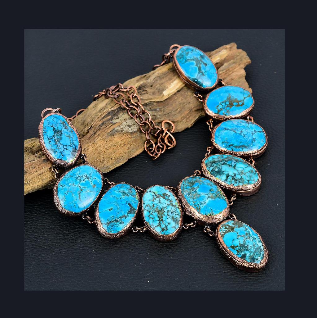 Blue Turquoise Handmade Gemstone Necklace, Copper Electroformed Antique Jewelry Adjustable Chain Necklace, For Engagement Gift