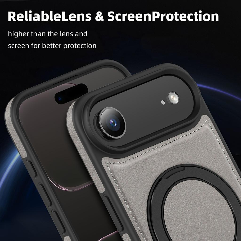 For iPhone Air Case with Ring Kickstand Compatible with MagSafe PU Leather Back Cover