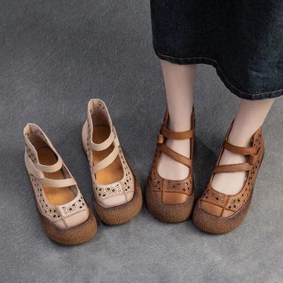Johnature Hollow Breathable Sandals Genuine Leather Retro Soft Sole Comfortable Versatile Women's Shoes