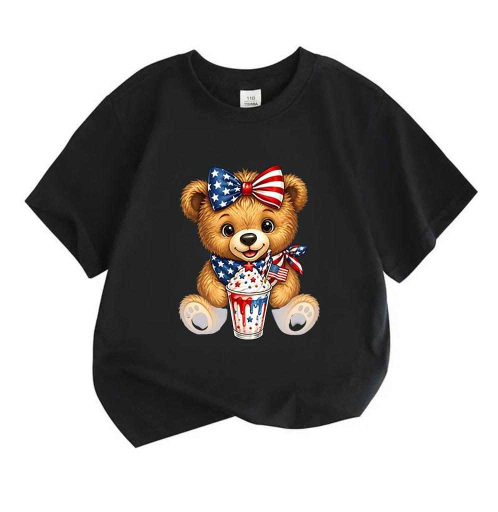 Kids Boys Girls 100% Cotton Crew Neck Short Sleeve T-Shirt, Cute Patriotic Brown Bear American Flag Bow Milkshake Print 4th of July Casual Summer Tee