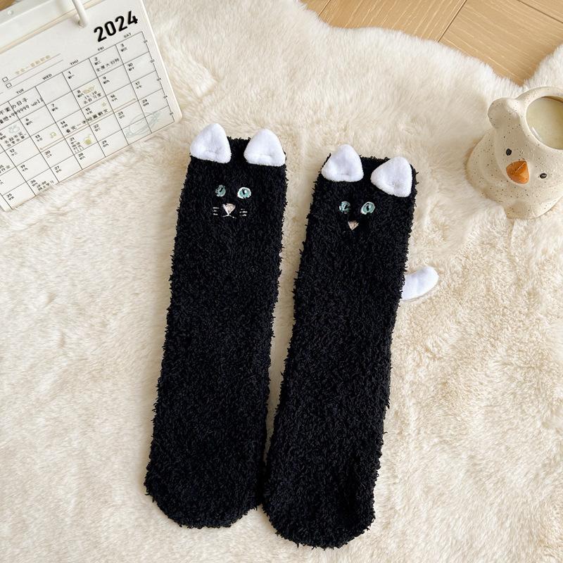Korallenfleece-Socken Damen Winter Verdickt Dreidimensionale Ohren Schwanz Niedlich Halb-Fleece Boden Schlaf-Socken