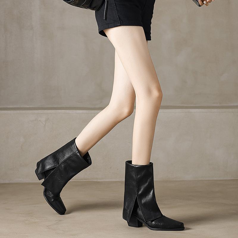 Winter Damen umklappbare Stiefeletten Rot Schwarz Braun Hoher Blockabsatz Quadratische Spitze Lässig Kleid Dame zum Hineinschlüpfen Klappbare Kurze Stiefel