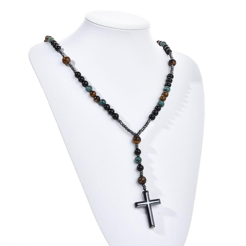 Natural Stone Africa Turquoise And Tiger-Eye Beads Cross Pendant Necklace Rosary For Men And Women