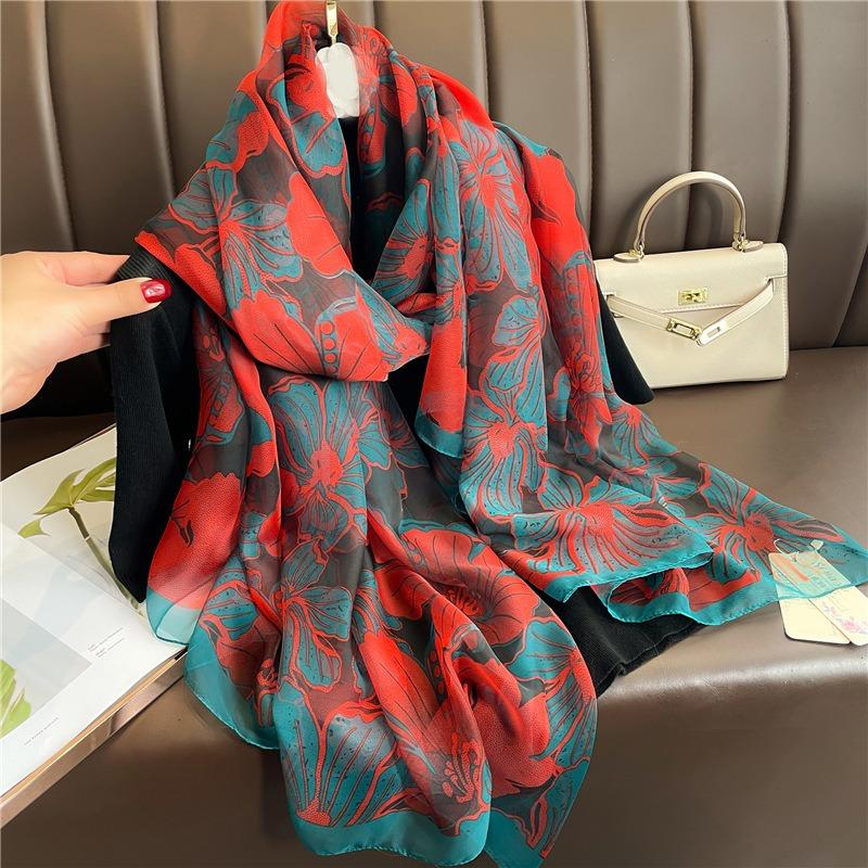 Large size flower simulation silk commuting sunscreen light luxury silk scarf large shawl soft yarn scarf temperament pattern scarf women