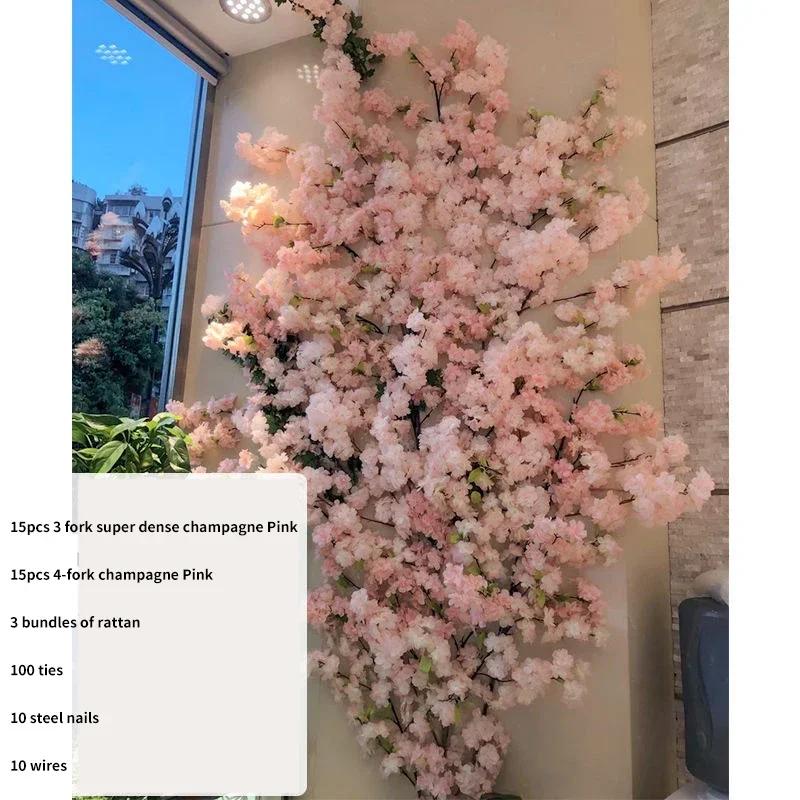 Artificial Cherry Tree Rattan Flower, Silk Wedding Background, Wall Decoration Flower, Home Decoration