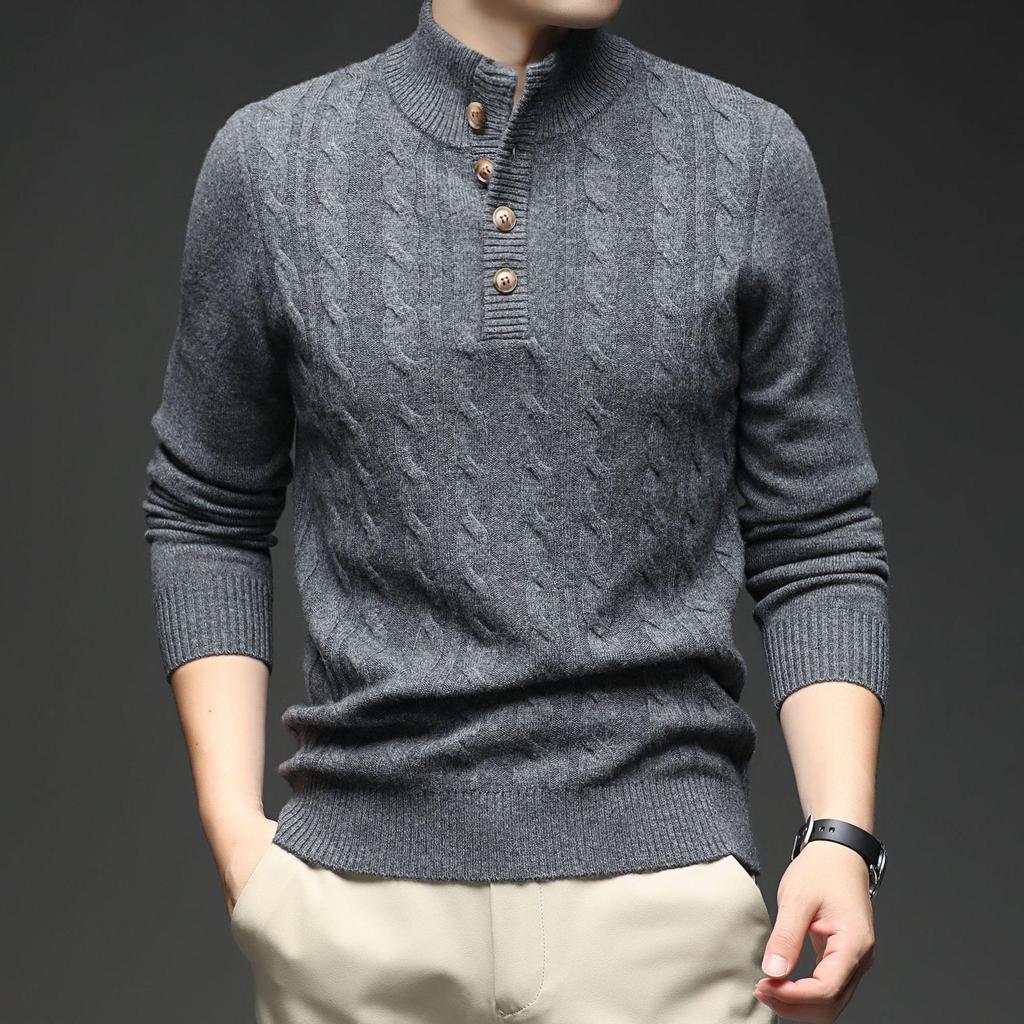 Men's Stand Collar Four-Button Jacquard Wool Sweater, Winter 2025 Fashion for Young and Middle-Aged, Casual Base Layer
